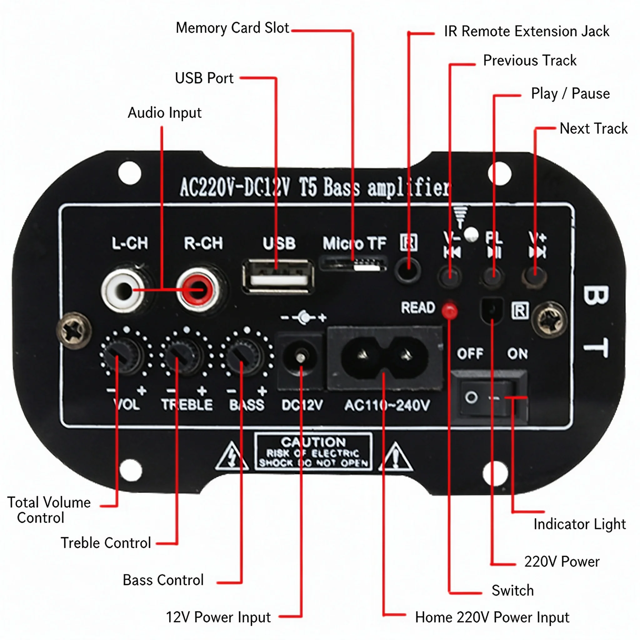 5 Inch Bluetooth Audio Amplifier Board 12V 220V 30W Car Home Speaker Module with USB TF Remote