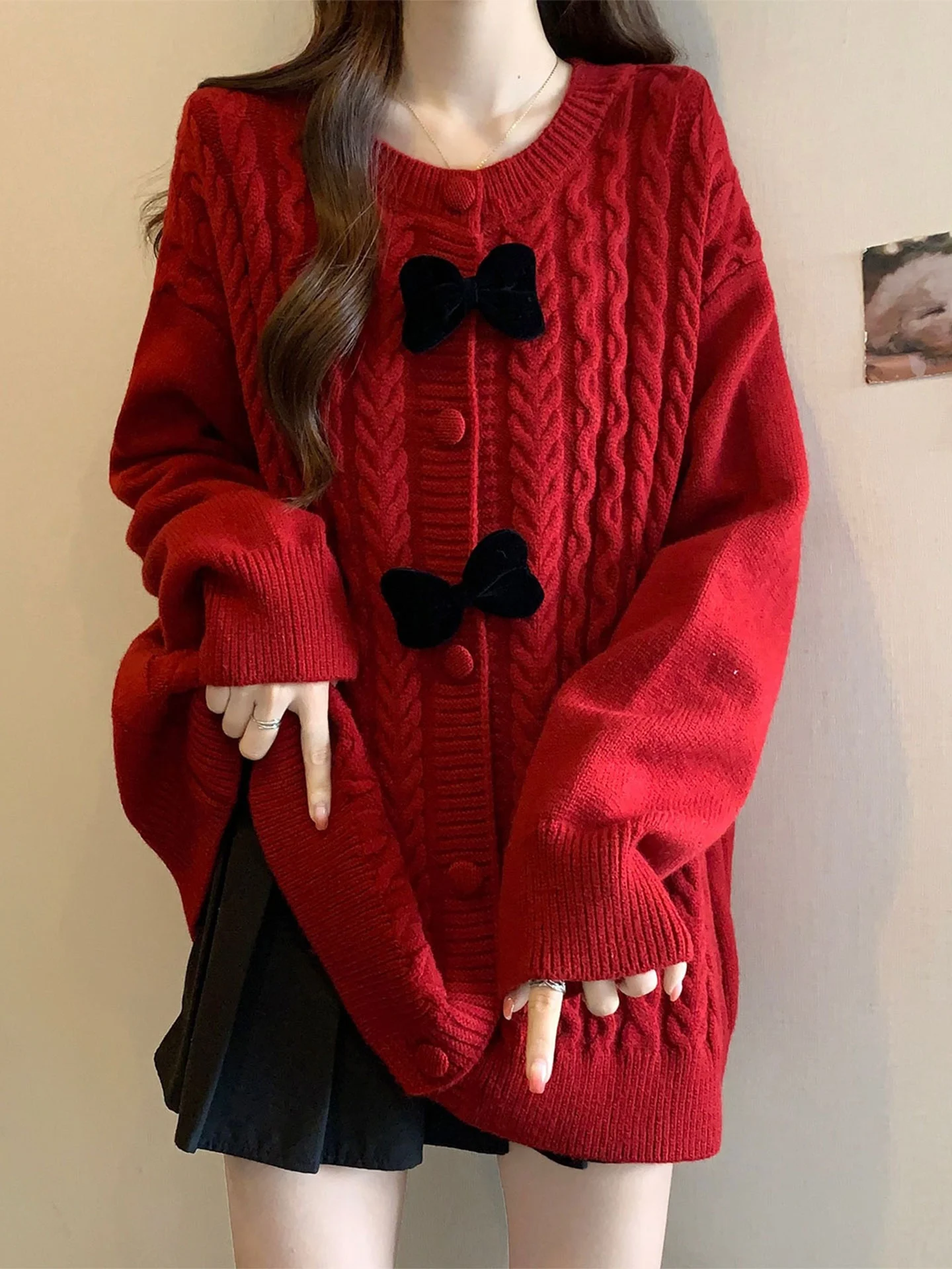 

Red Bowknot Long Sve Knitted Sweater Coat Women's Loose Fit Winter Outerwear Casual Sle plus Size Lazy Girl Knit Cardigan