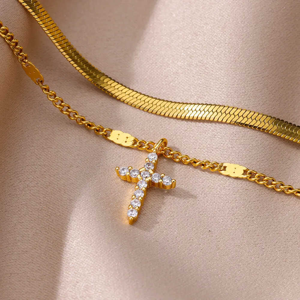 Zircon Cross Anklets for Women, Double Chain Design