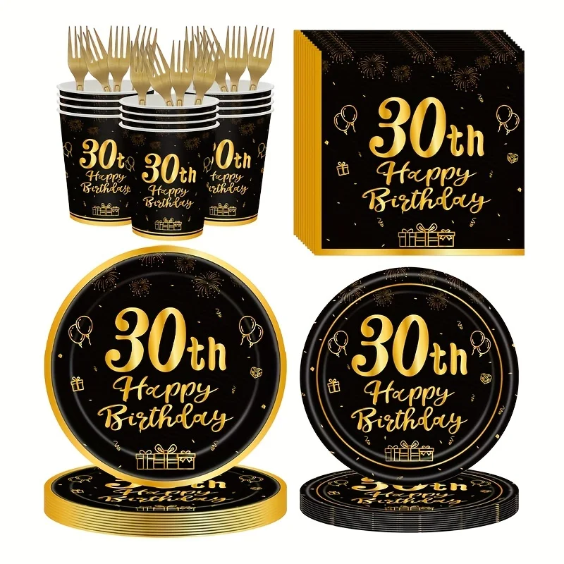 30th Birthday Party Disposable Tableware Paper Plates Cups Napkins Banner Men Women Black Gold Party Decoration Supplies