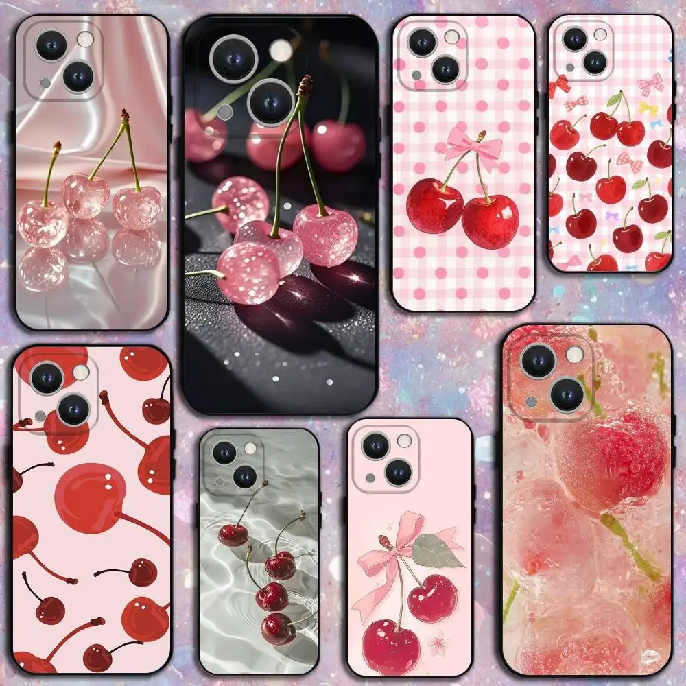 

Cherry Crystal Phone Case For iPhone 17,16,15,14,13,12,11 Plus,Pro Max,XS,X,XR,SE,Mini,8,7,Soft Silicone Black Cover