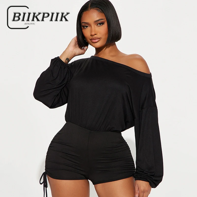 

BIIKPIIK Off Shoulder Wrap Hip Playsuits Casual Shirring Loose Fit Lady Rompers Sexy Autumn Winter Jumpsuit Simple Solid Overall