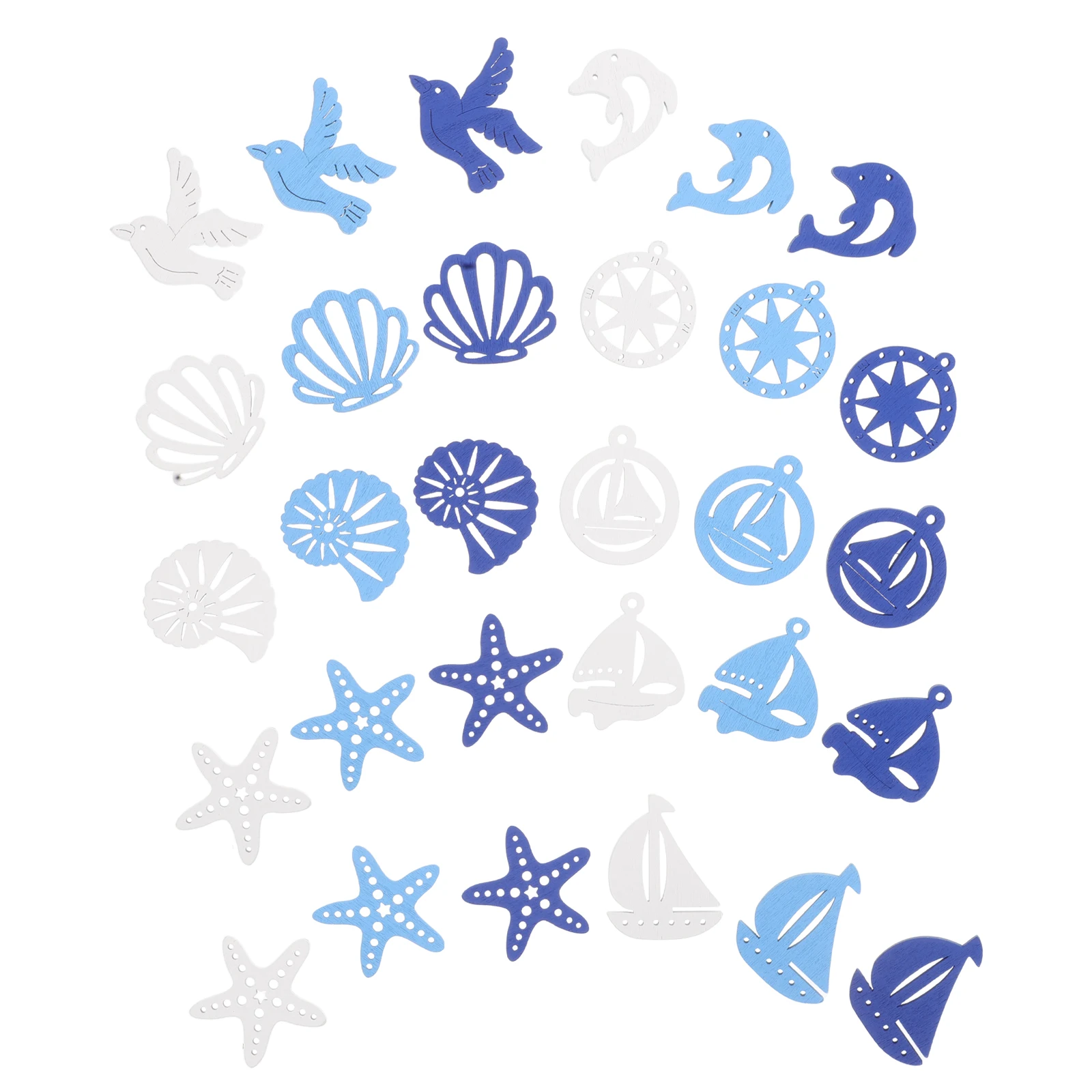 

100pcs Marine Handmade Wood Chips Small Sea Shells Blue White Craft Beach Room Decor Nautical Wooden Ornaments
