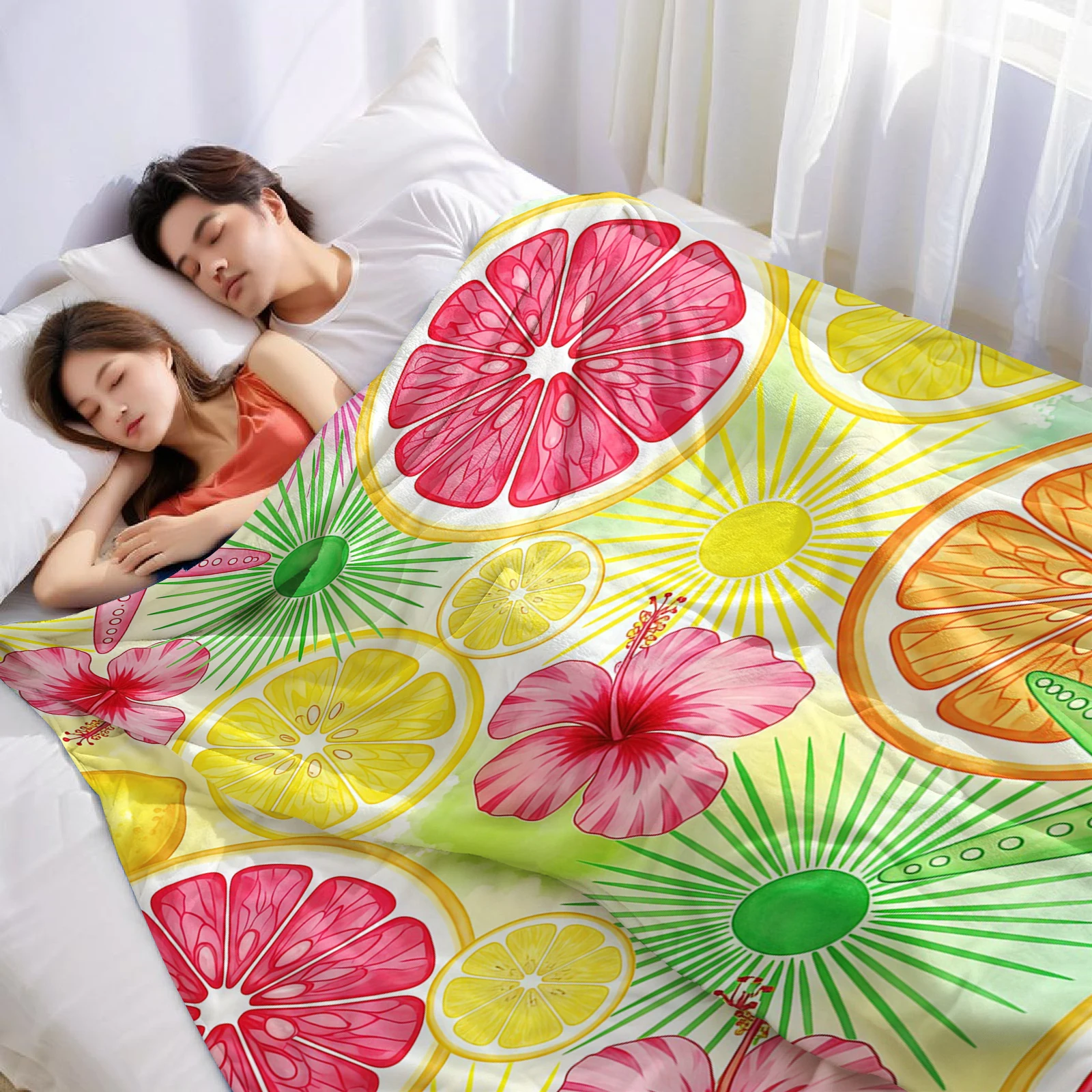 Tropical Citrus Hibiscus Lightweight Microfiber Soft Christmas Fleece Blanket Warm Cozy Throw for Sofa Office Travel All Season