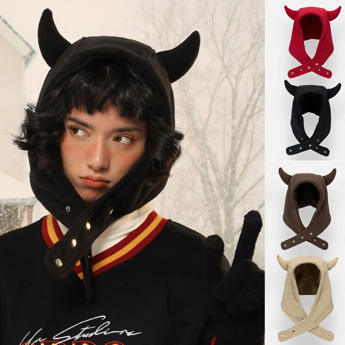 Japan Yabi Cute Devil Ears Cow Horn Thunderbolt Hat Women Autumn Winter Warm Suede Ear Protection Set Head Cap Y2K Beanies