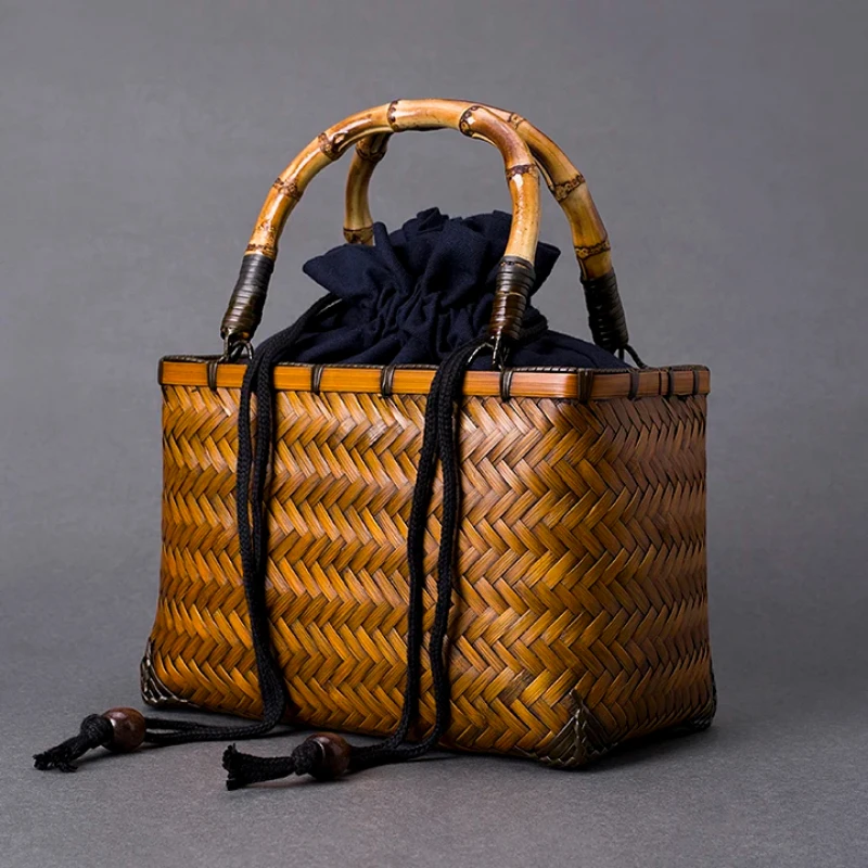 

Chinese Retro Woven Bag for Bento Tableware Storage Handheld Basket with Bamboo Handle Traditional Style Organizer Pouch