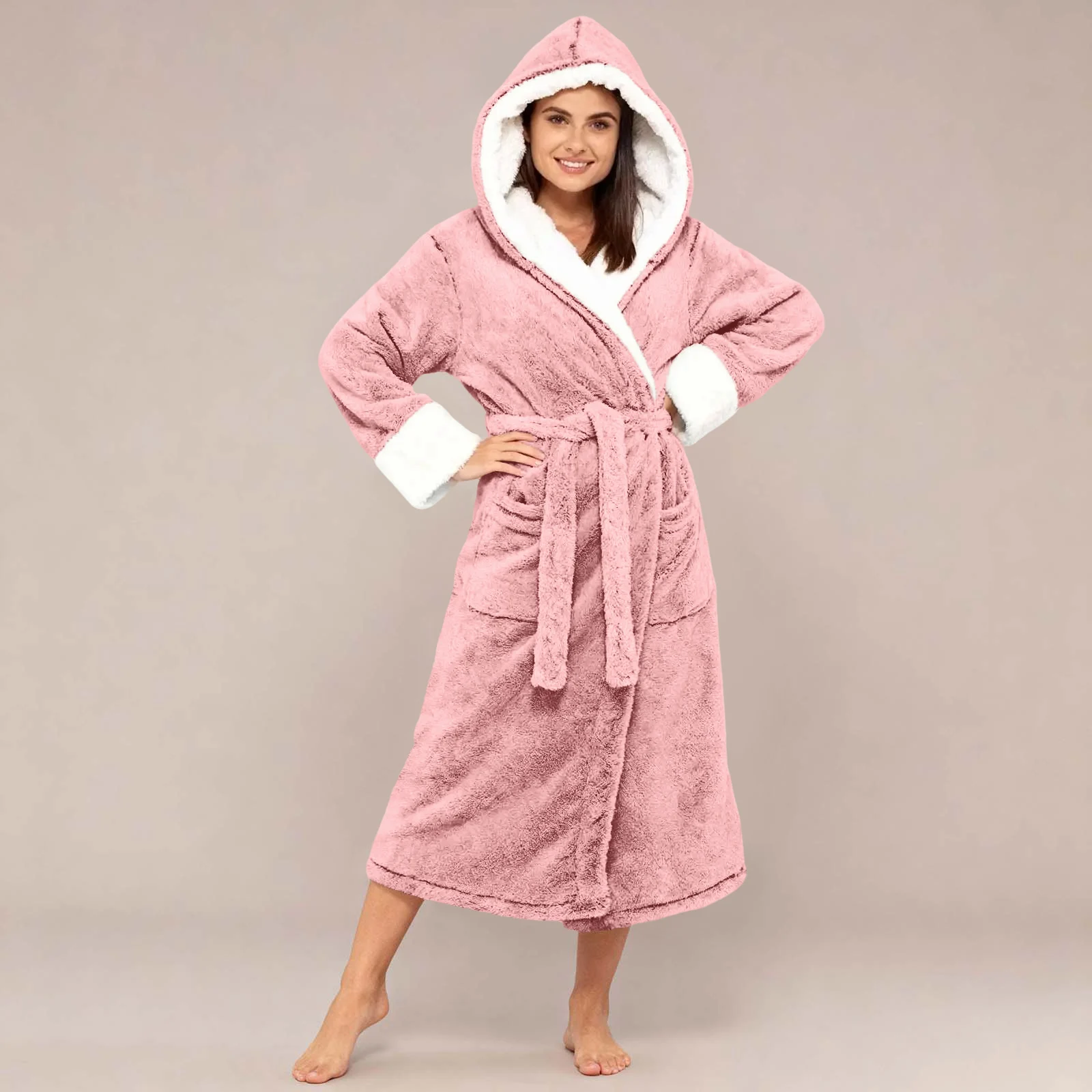 

Women Hooded Bathrobe For Winter Thick Fleece Warm Lace Up Adjustable Waistband Nightgown Mid Length Lady Homewear Bathrobe