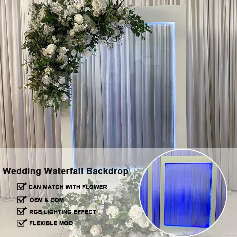 Sign Light Emitting Diode Light Waterfall Flowing Water Smooth Custom Transparent Glass Waterfall Wedding Welcome