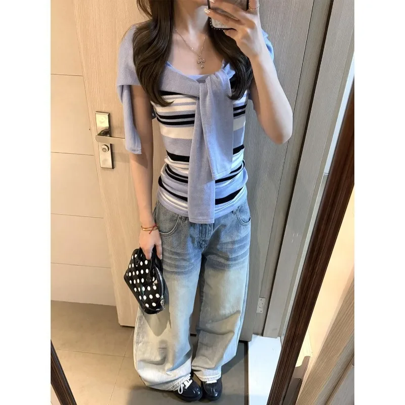Blue Knitted Suits Women 2026 New Short Sweater Cardigan Striped Strapless Vest Fashion Y2k Aesthetic Two Piece Sets view 3