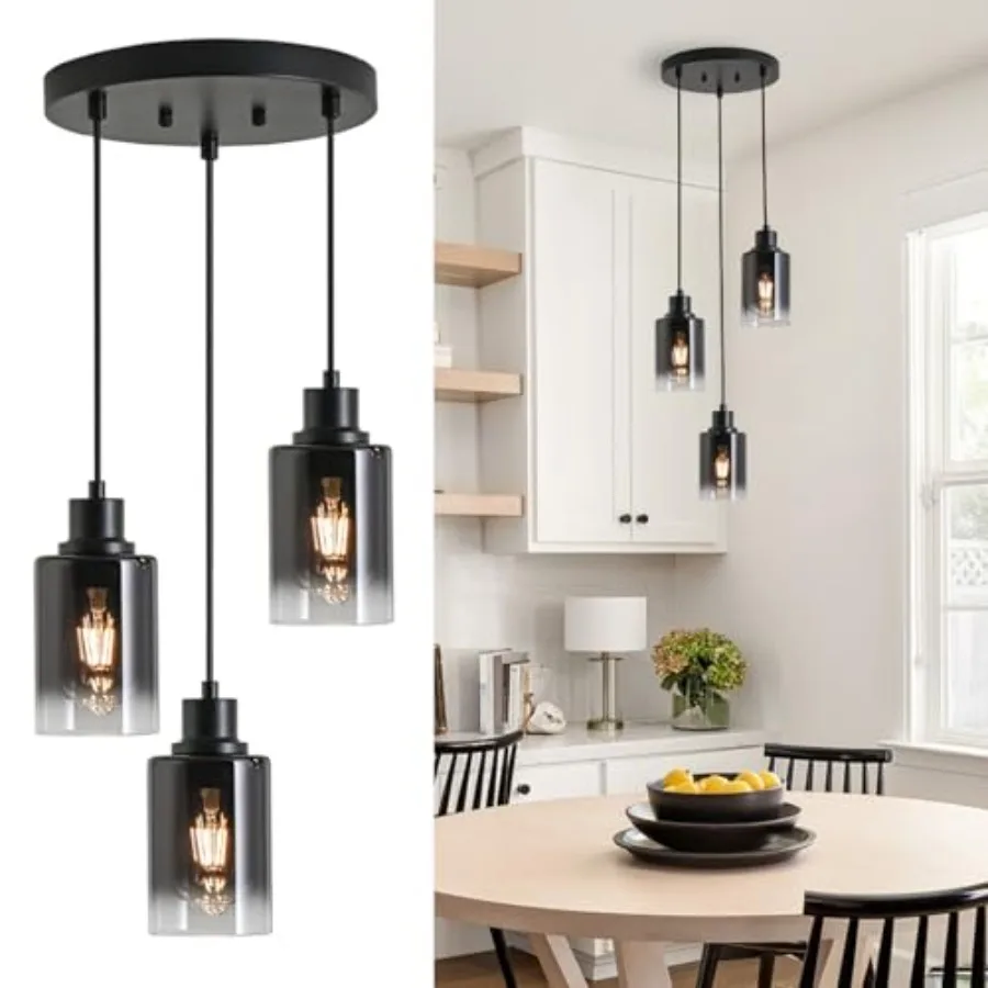 

3-Light Black Pendant Lighting, Adjustable Modern Pendant Lights for Kitchen Island, Industrial Cluster Hanging Lights for Dini