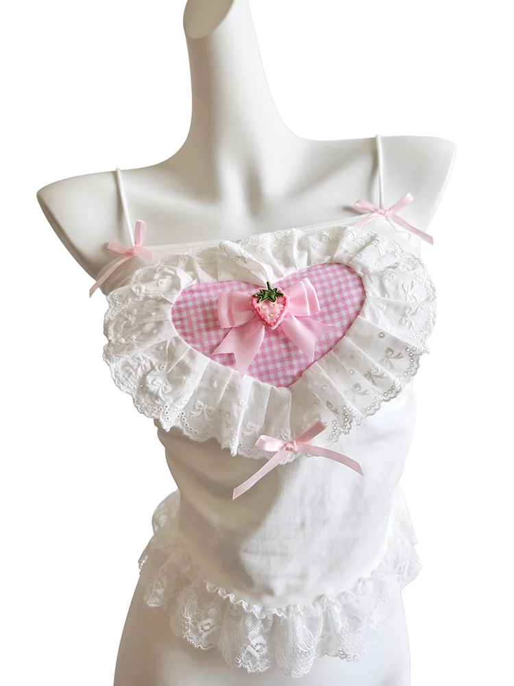 

Cute Cropped for Sweet Girls Summer 2025 Pink Bows Decoration Lace Trim White Crop Top Women Clothes