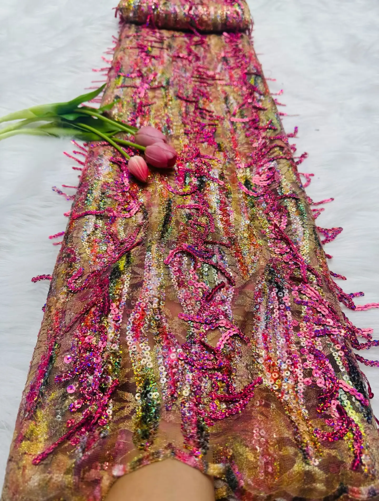 

Latest Nigerian Sequins Tulle Lace Fabric High-Quality Embroidery African Net Cloth for Prom Dresses Beads 5 Yards 2025 Hm206-1