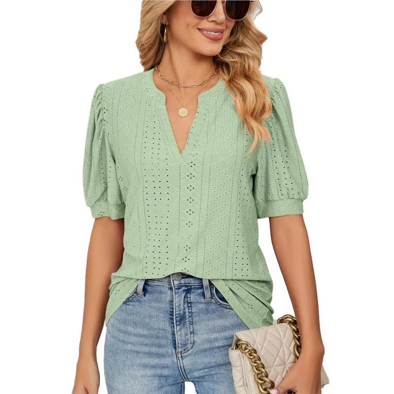Fashion New T Shirts For Women Vintage Short Sleeve And V-neck Solid Color Tees Casual Elegant Female\'s Pullover Top 2024 Summer