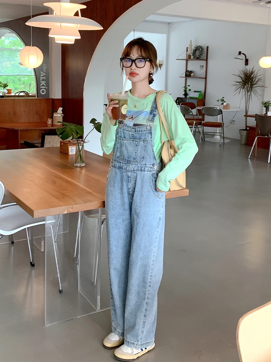 

Светло-голубые джинсовые комбинезоны с широкими штанинами для женщин, свободные, в корейском стиле, повседневные, с высокой талией, прямые джинсы, весна-осень, новинка