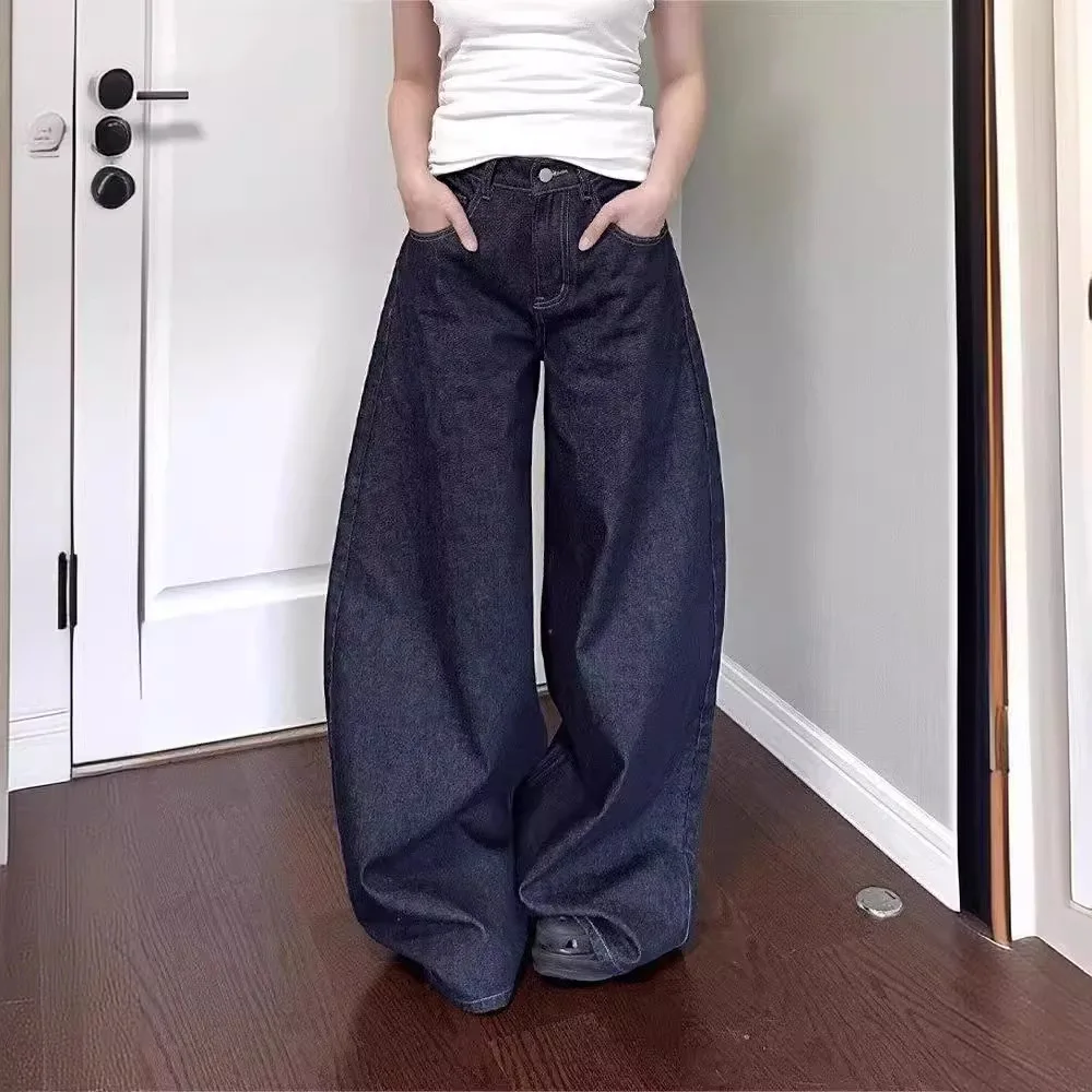 

American High Street Blue Jeans Women's Y2K Loose High Waisted Straight Leg Floor Length Pants Fashionable New Denim Trousers