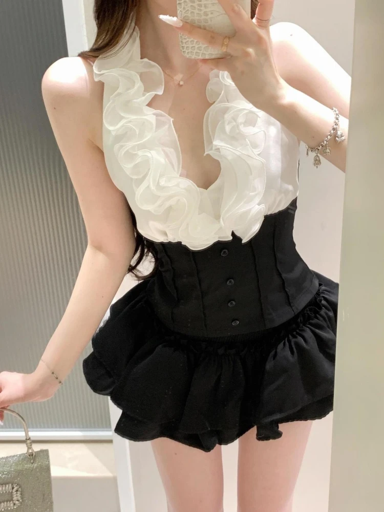 

Летний сексуальный горячий элегантный комплект из 2 предметов для девочек Y2k с лямкой на шее, винтажная мини-юбка, костюмы, женская шикарная корейская популярная одежда, новинка