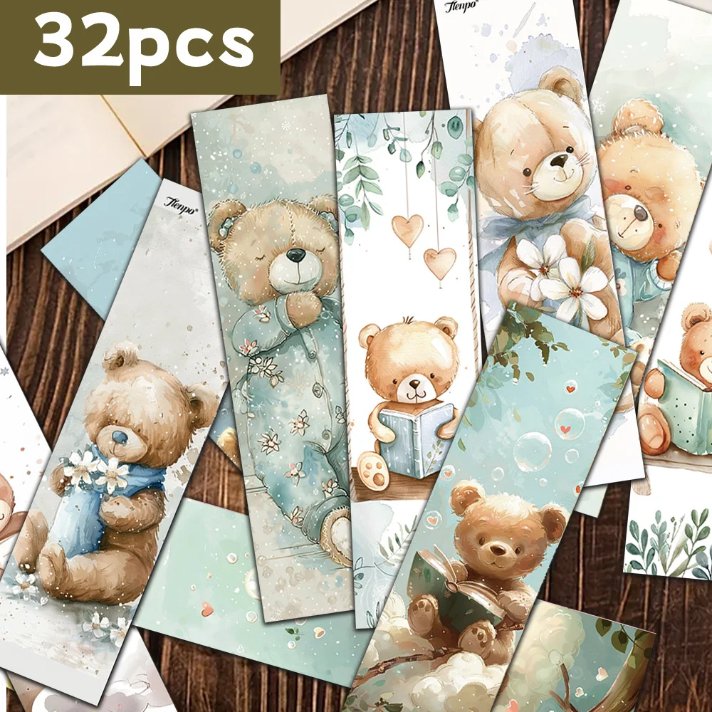 32 Stück, blau getönte Lesezeichen mit Teddybär-Motiv, Weihnachten, Lehrergeschenk, Geschenke zum Schulanfang, kreative künstlerische Designs