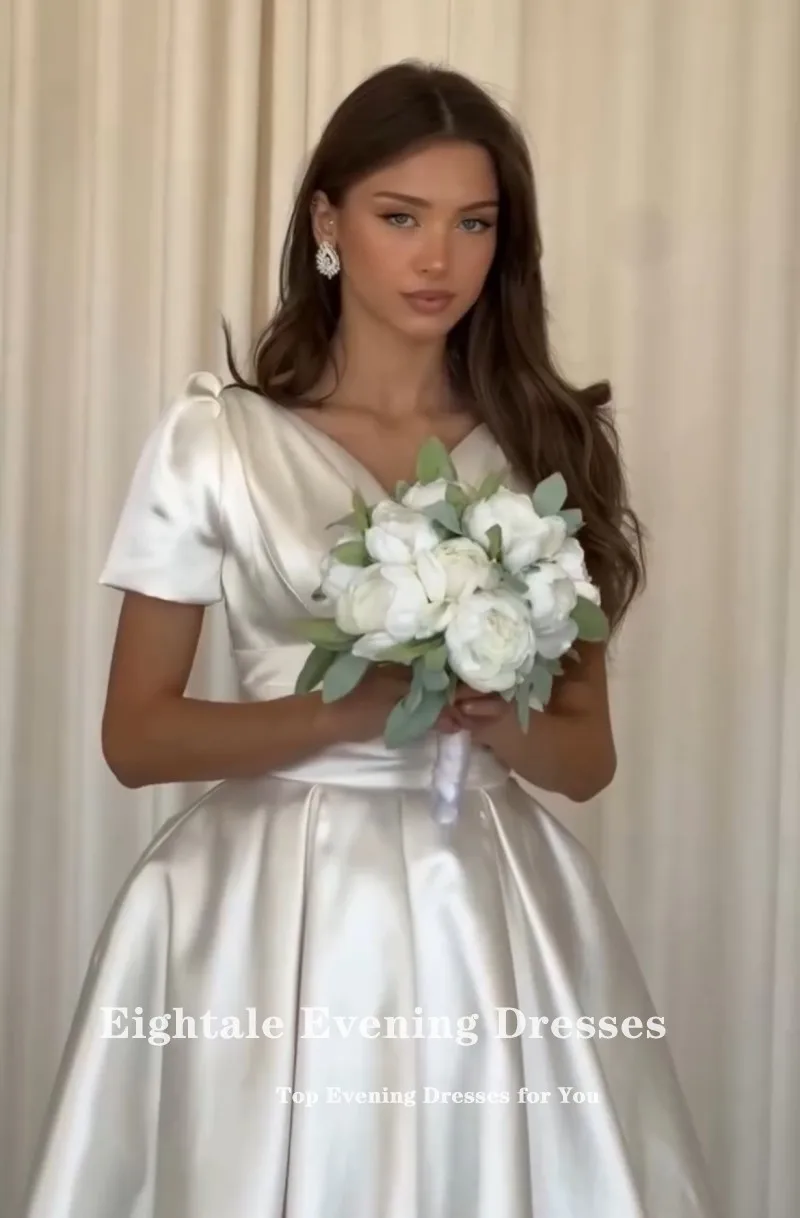 فستان زفاف عربي Eightale برقبة على شكل حرف v مخصص من الساتان العاجي وأكمام قصيرة فستان زفاف على شكل حرف a طول الأرض فستان حفلات العروس