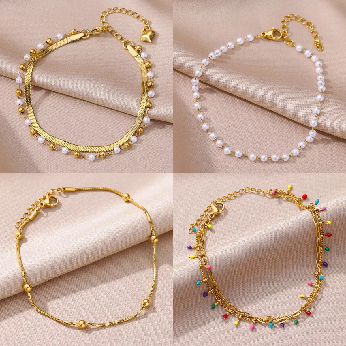 Boho-Fußkettchen für Damen, Sommer, Strand, Accessoires, Edelstahl, Imitationsperlenkette, Fußkettchen, goldfarben, Beinarmbänder, Körperkette