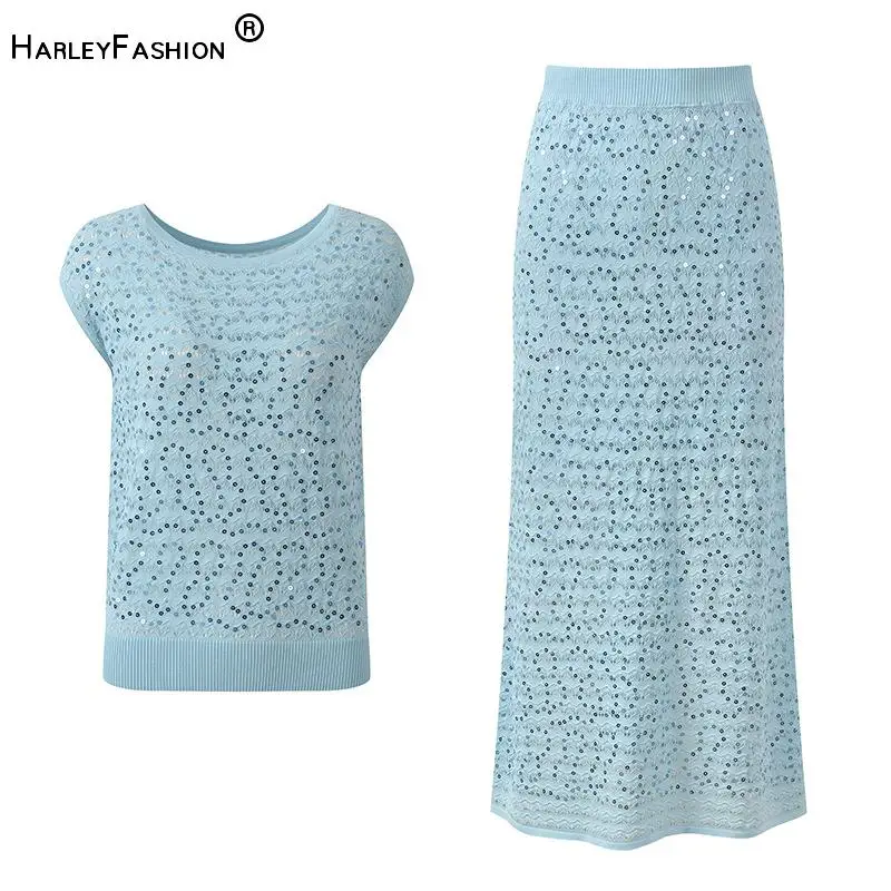 2026 Lady French Style Jacquard Hollow Out O-neck Sleeveless Tops A-line Long Skirt Women Summer Sequined Solid Knits 2pcs