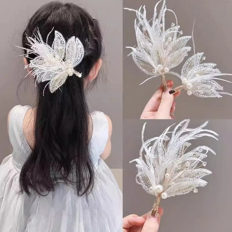 Fairy Feather Hair Clips for Girl Princess Kids Sided Clips Barrettes Hanfu Headdress Children Performance Headwear