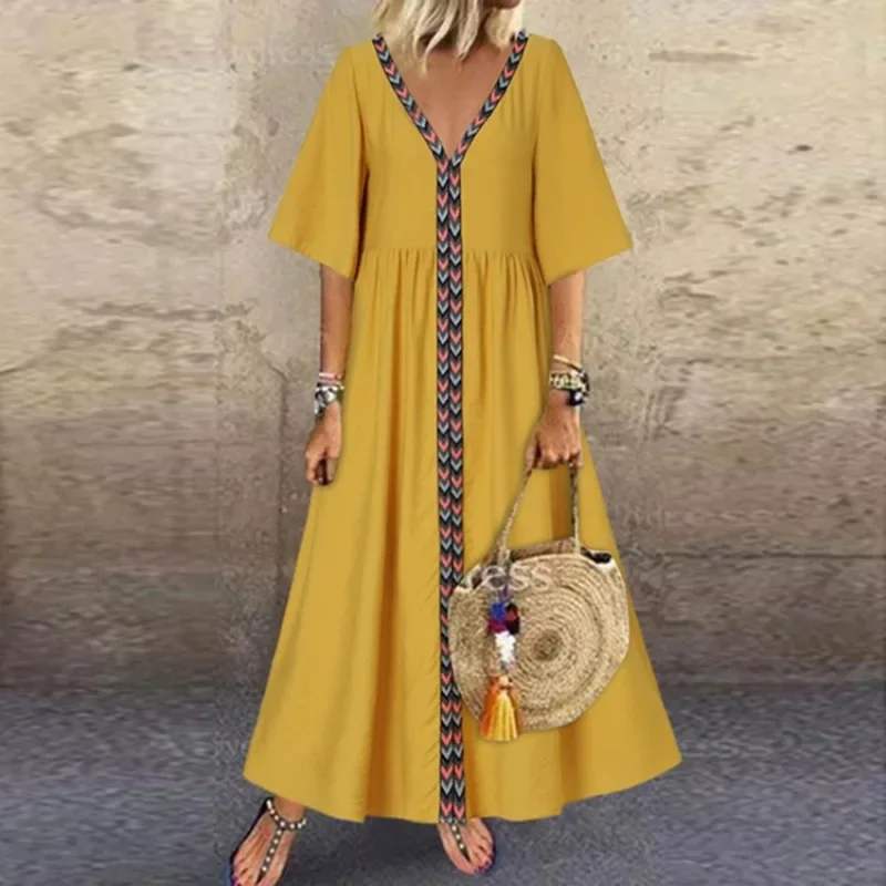 Women\'s Summer Commuting Oversized V-neck Short Sleeved Long Dress with Loose and Elegant Line Splicing Casual Long Dress