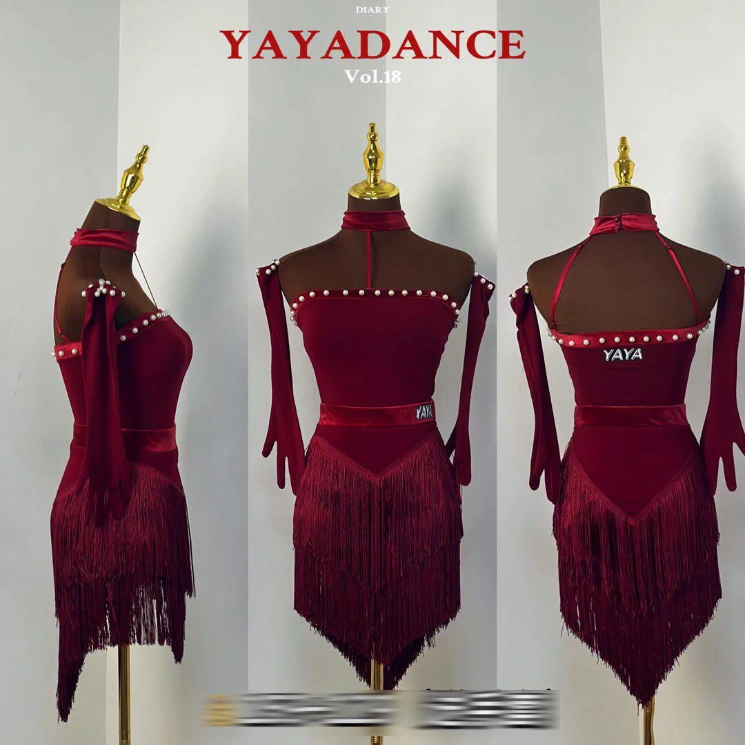 

Одежда для латинских танцев, женские бархатные топы красного и черного цвета с жемчугом, юбка с бахромой, платье для соревнований, костюмы для танцев ча-ча-румба, костюмы для взрослых SS1819