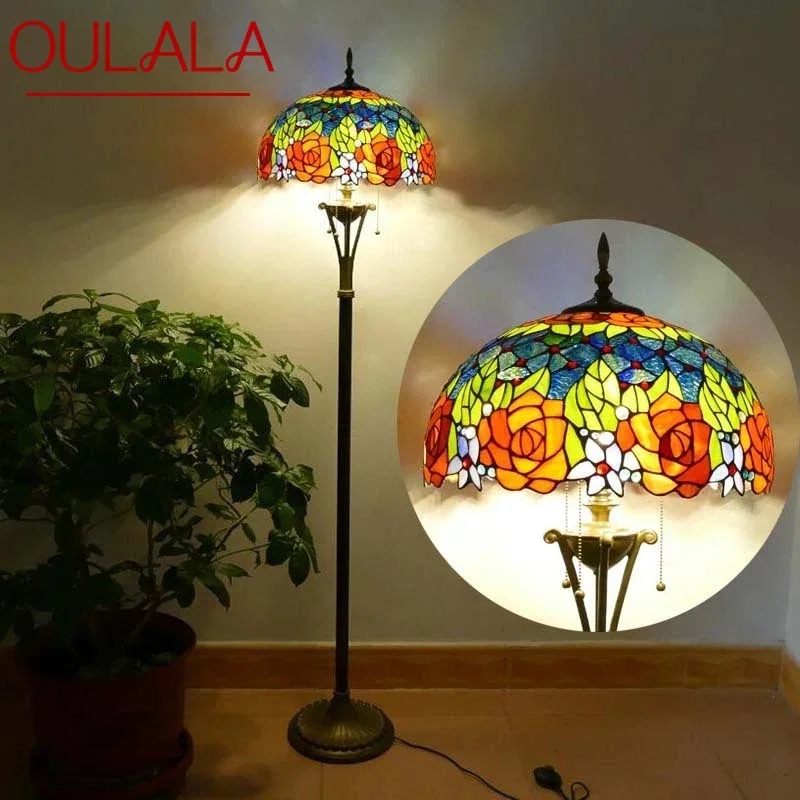 

OULALA Tiffany Floor Lamp American Retro Living Room Bedroom Lamp Country Stained Glass Floor Lamp