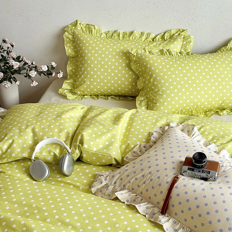 2026 Ins Style 100% Cotton Bedding Set, Class A Wave Point Lotus Leaf Edge Design for Bedroom, Back-to-School Dormitory for Kids
