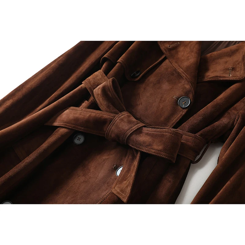 Chaqueta de ante auténtica para mujer, abrigo de piel de oveja marrón/gris, elegante, estilo británico, cinturón cruzado, abrigo de cuero informal largo ajustado