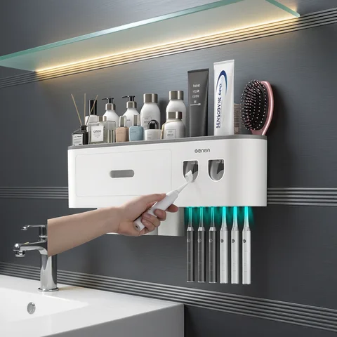 MENGNI-Magnetic Adsorption Inverted Toothbrush Holder Wall -Automatic Toothpaste Squeezer Storage Rack Bathroom Accessories
