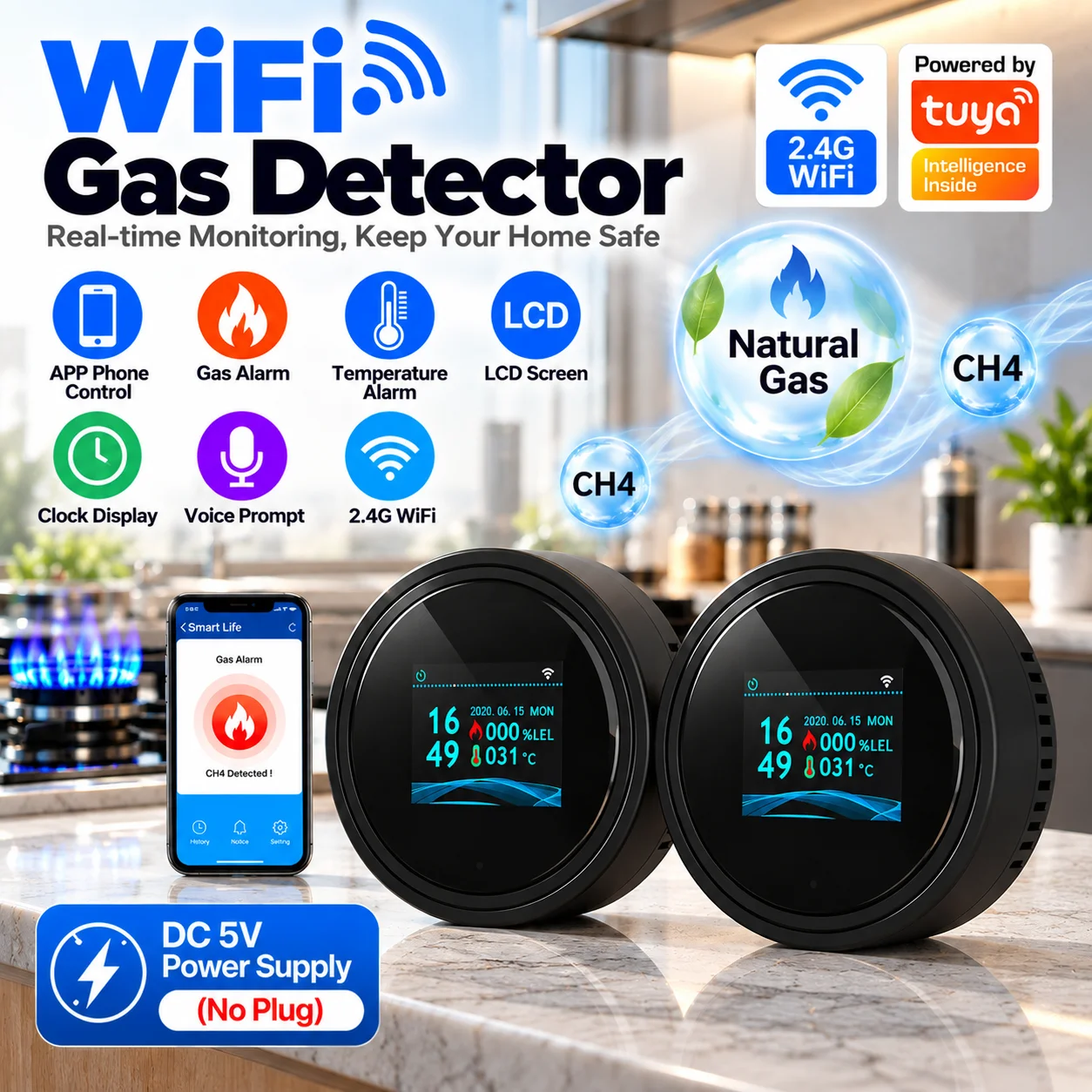 MINI 2.4G Wifi Natural Gas Sensor Alarm Gas Leakage Detector Fire Security Digital LCD Display for Home Kitchen work With tuya