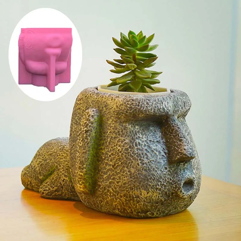 

Moai stone man pen holder epoxy resin silicone mold Easter Island Moai Statue flower pot concrete cement gypsum silicone mold