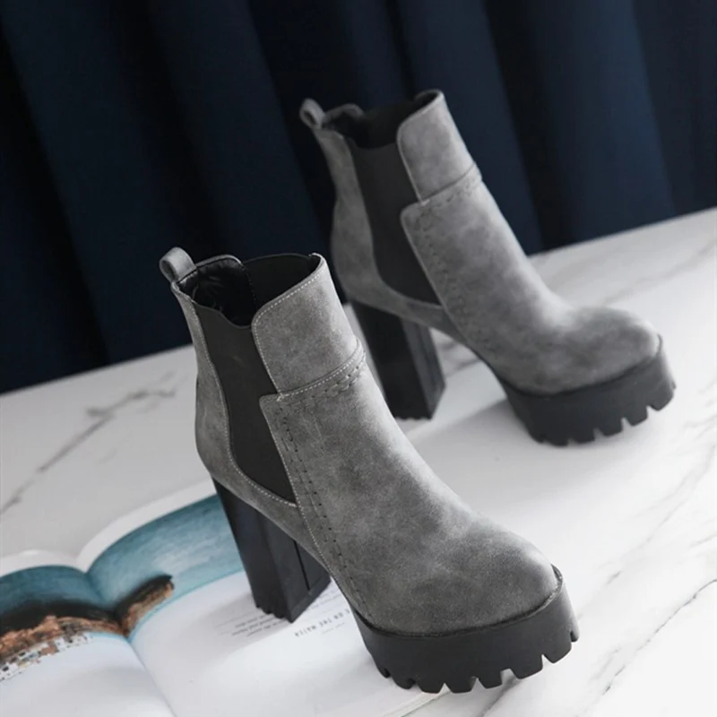 Fashion Ankle Boots for Women Platform Round Toe High Heels Short Boot Female Punk PU Grey Brown Vintage Autumn Winter Shoes