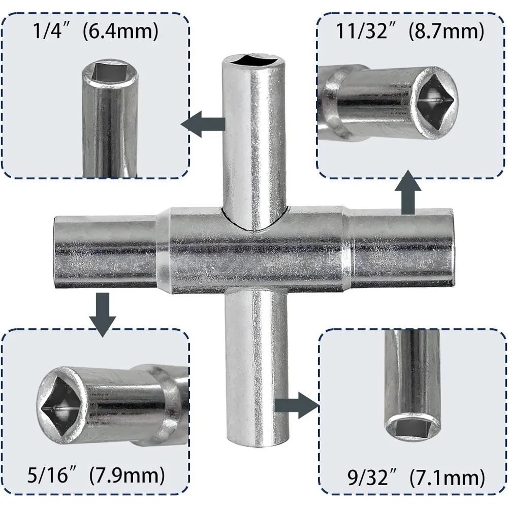 مفتاح ربط ذو 4 اتجاهات، 1/4 بوصة، 9/32 بوصة، 5/16 بوصة، 11/32 بوصة مفتاح مائي للصنبور والحنفيات ومعظم الصمامات، عبوة واحدة