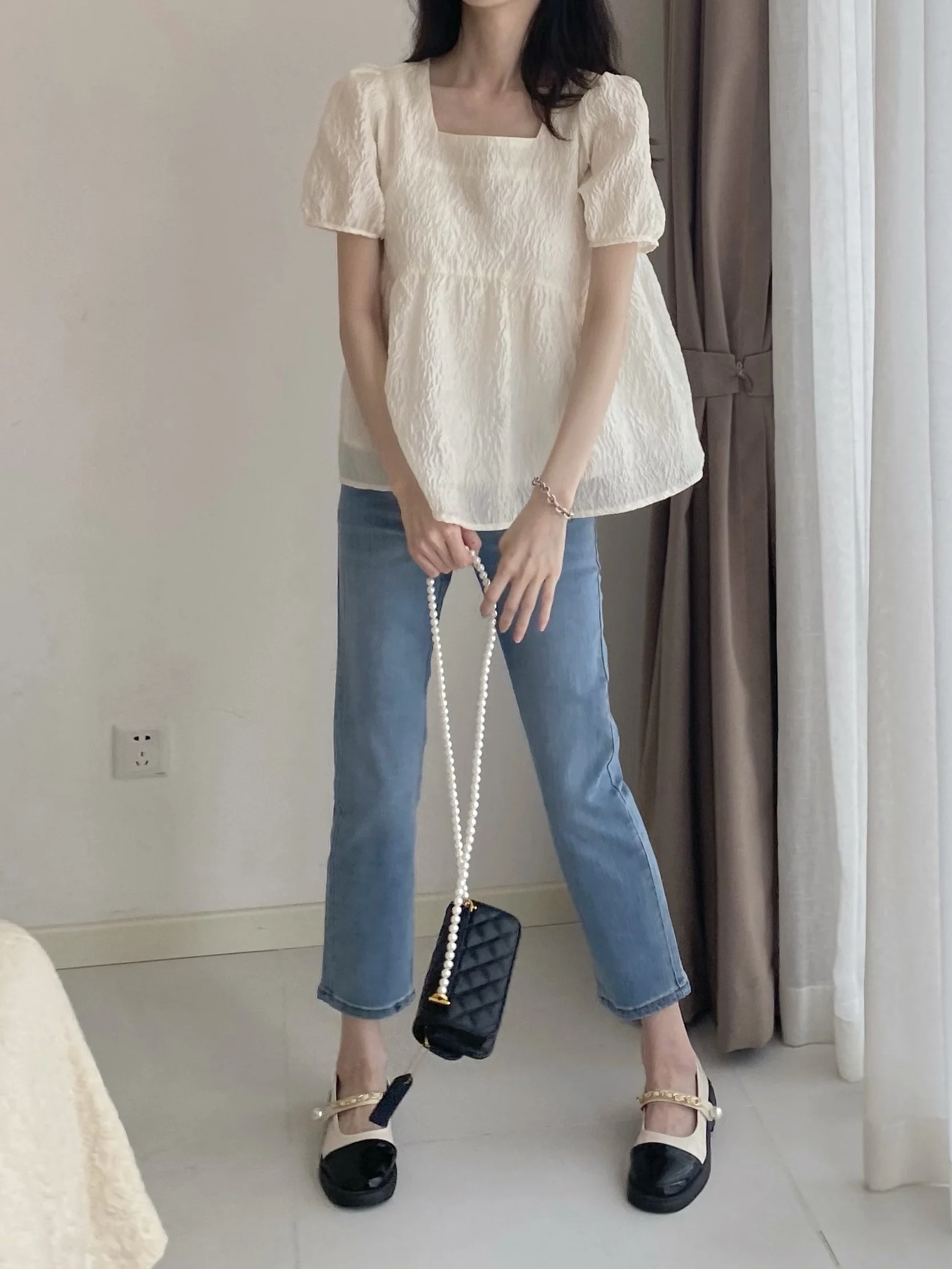 Korean Style Gentle Square Collar Bubble Sleeve Shirt Women Summer Meat Covering Short Sleeve Top Doll Feeling Baby Doll Shirt