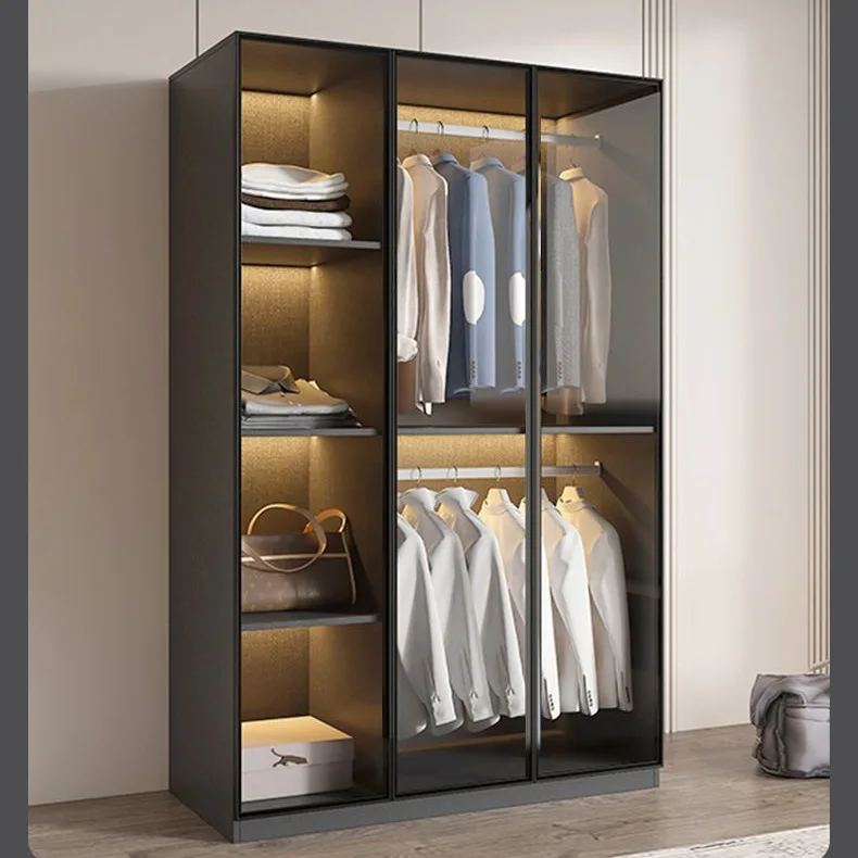 Light luxury wardrobe household bedroom solid wood small apartment wardrobe modern simple locker free installation glass cabinet