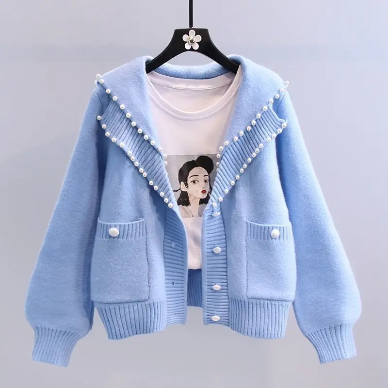 Women's Falls Graceful Pearl Sweater Cardigan Fashion Sailor Collar Puff Sleeve Knit Coats Autumn Winter Solid Knitwear Female