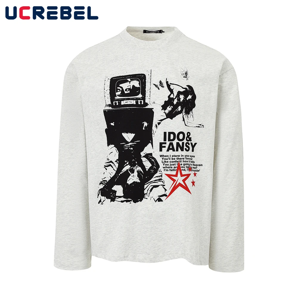 

Rock Rap Print Long Sleeve T-shirt Mens Autumn Retro High Street Loose Crew Neck Cotton Tee Man