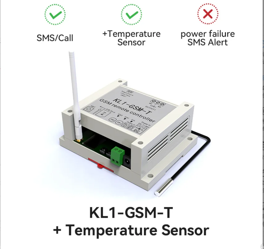 GSM ON/OFF RELAY switch access controller KL1-GSM with temperature sensor  Power outage alarm send SMS reminder