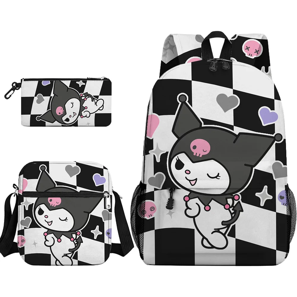 Sac à dos étanche en nylon Kuromi pour adolescents, cartable pour lycéens, filles et garçons, sac à dos pour ordinateur portable, 3 pièces