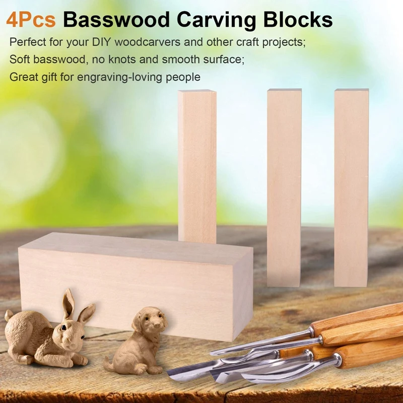 ABSF 6Inch Basswood Carving Blocks, 4Pcs Whittling Blocks Basswood For Craft, Basswood Carving Wood For Beginner To Expert