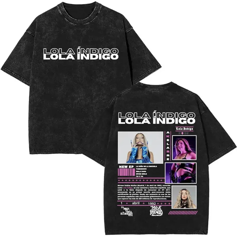 تي شيرت ريترو مغسول لولا إنديجو تور 2025 تي شيرت مريح غير رسمي فضفاض مناسب برقبة دائرية وأكمام قصيرة تي شيرت قطني مطبوع