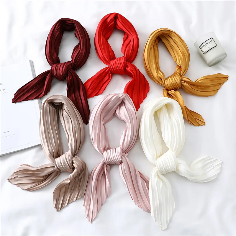 70cm Soft Neckerchief Solid Color Decorative Headscarf Women's Hijab Scarves Crinkled Hair Scarf Square Pleated Silk Satin Hijab