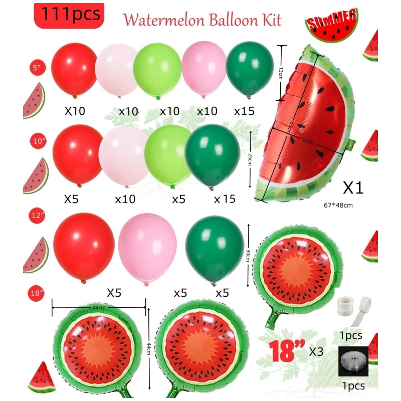 111Pcs A set of summer watermelon themed balloon arch wreath set, birthday party decoration, beach party scene decoration