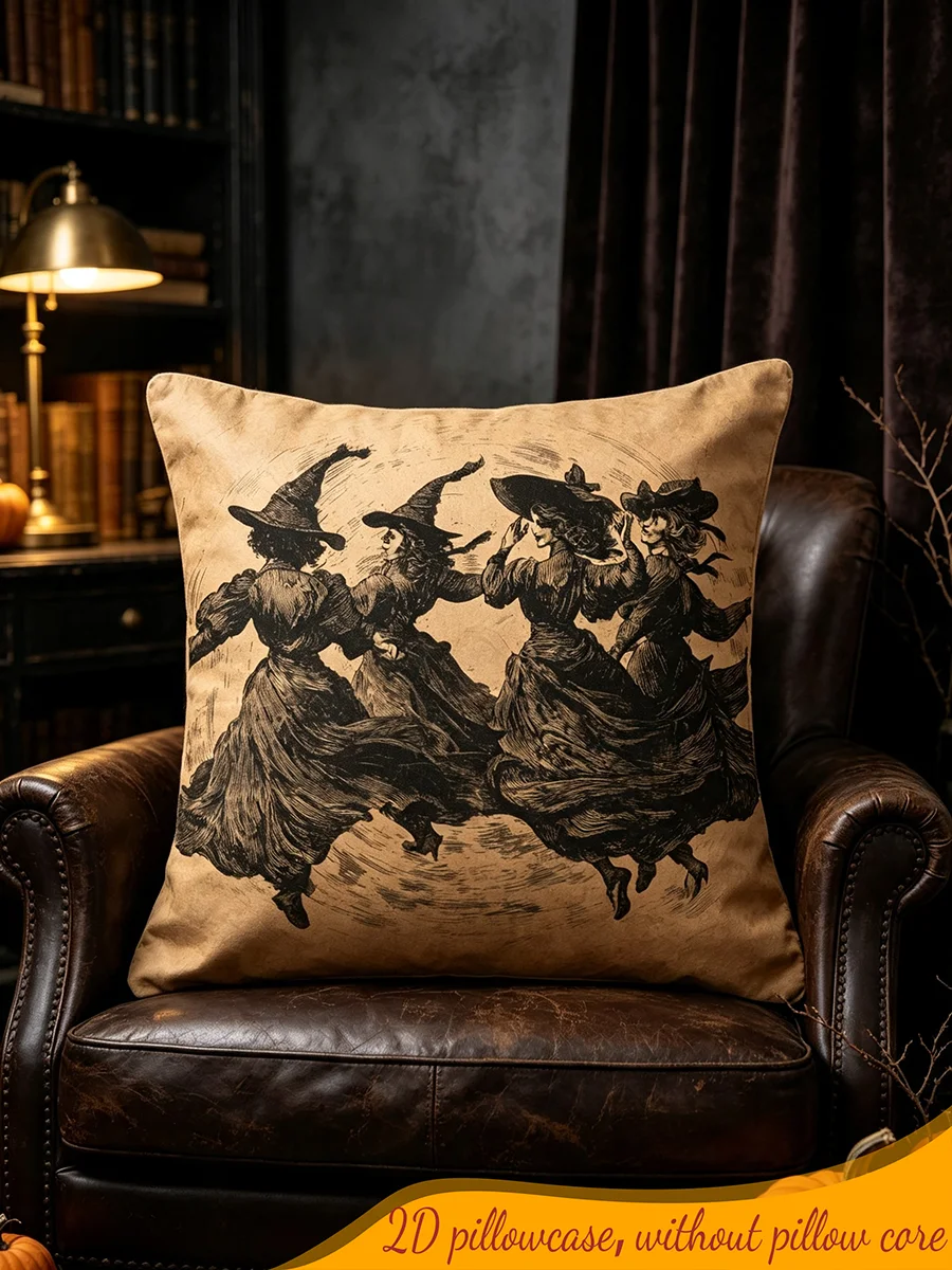 1PC Digital Print Pillow Cover Vintage Witches Circle Dance Woodcut Halloween Retro Gothic Sofa Couch Bedroom Home Decor Gift