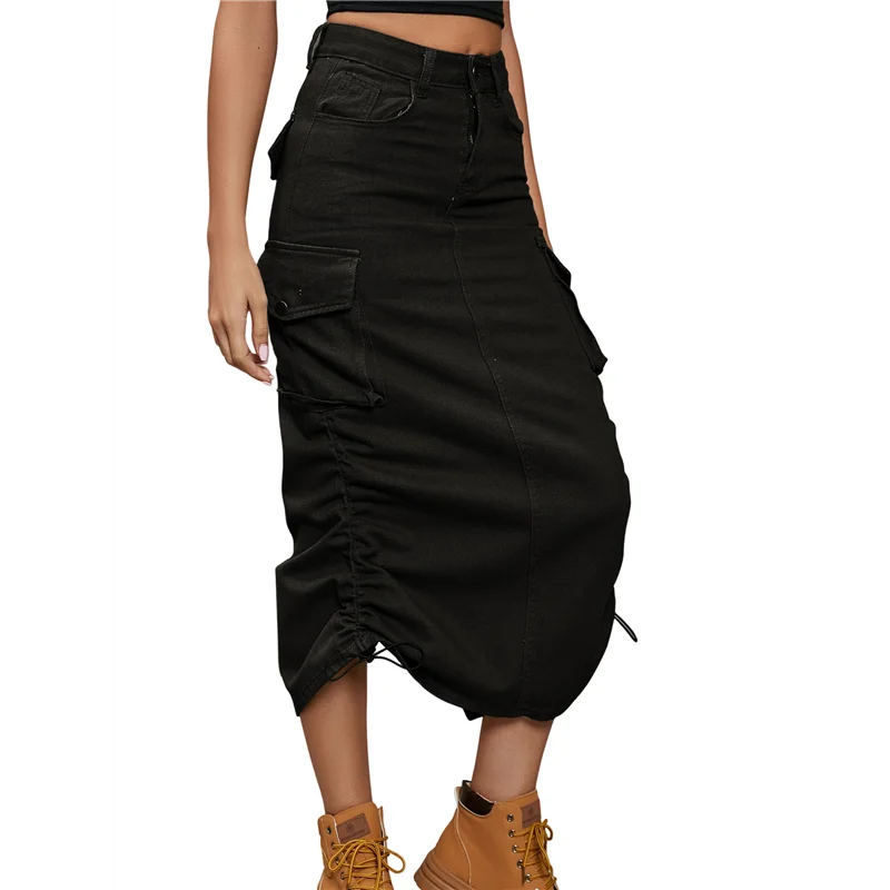 تنورة من الدنيم تحت الركبة، تنانير جينز عالية الخصر للنساء