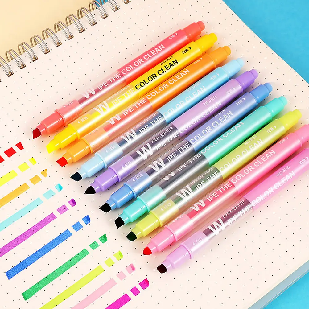 10Pcs Pastel Colorful Erasable Highlighter Pen Double Ended for Students Planner Notes School Stationery Erasable Highlighter
