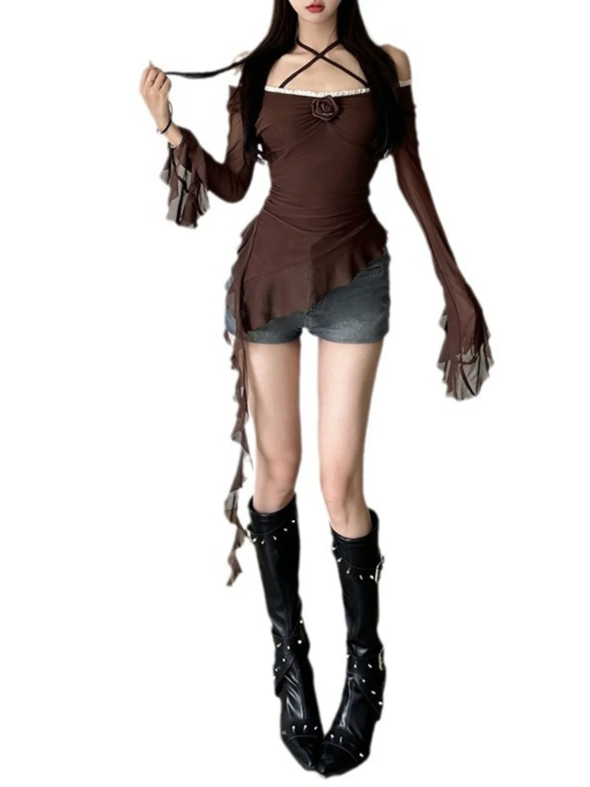 

Street Sle Slim Fit Long Sve Pure Color Прозрачный топ Женская модная футболка ort Length Дизайн на одно плечо Полиэстер