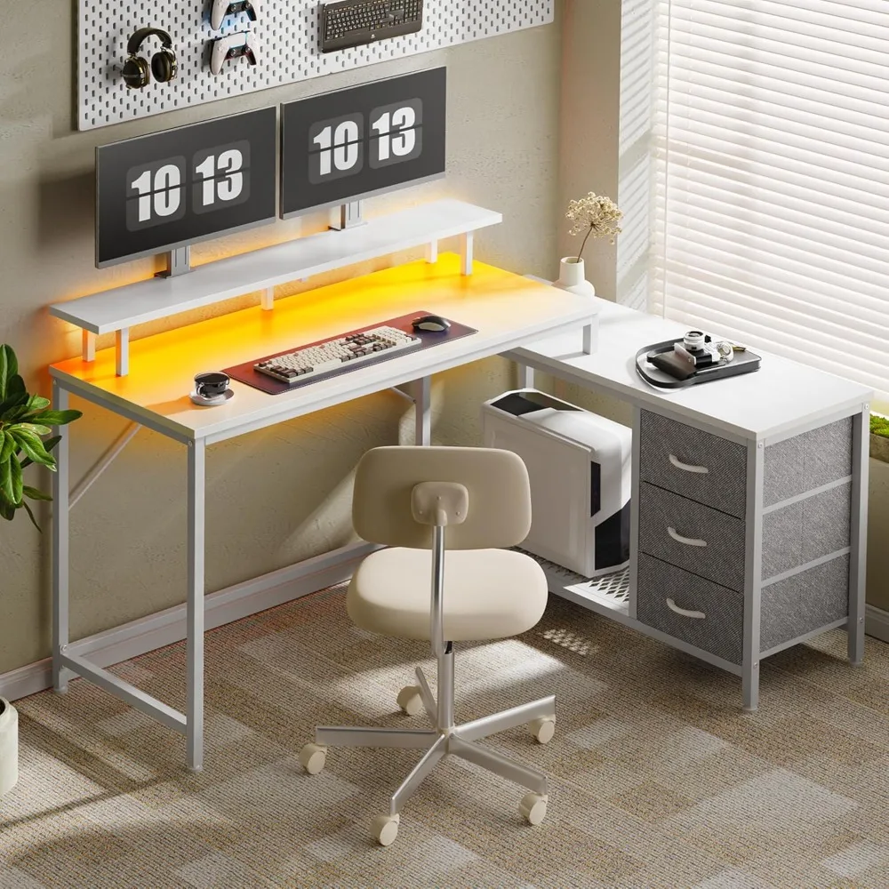 L Shaped Computer Desk with Drawers, Gaming Desk with LED Lights and Power Outlets, Office Desk with Storage Shelves